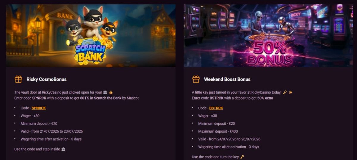 Ricky Casino Bonus 2026 — $7,500, 550 Spins, 10 Deposits image 3